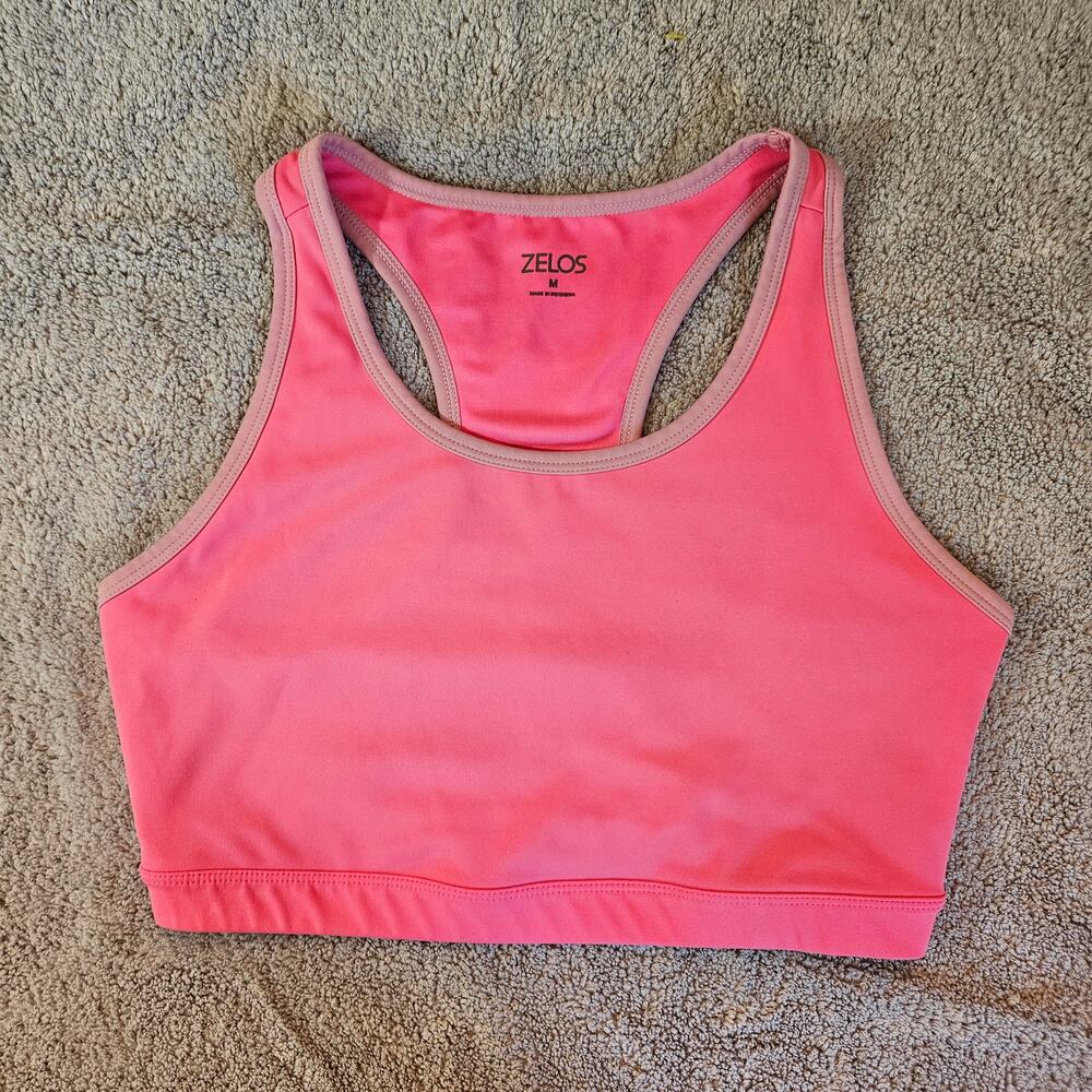 Zelos Sports Bra Women's Medium Pink Racerback Med. Impact Athletic Workout EUC